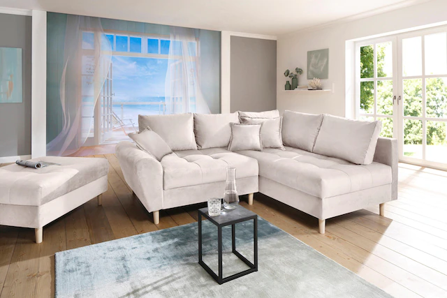 Home affaire Ecksofa »Rice L-Form, B: 223 cm« Set: Sofa & Hocker, mit 3 Zierkissen, Federkern