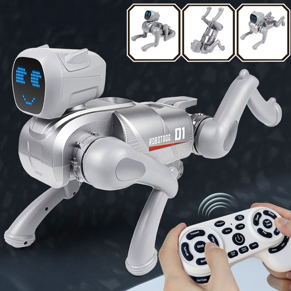 (31x24cm) Ferngesteuerter 2.4GHz Roboter Hund Kinder RC Spielzeug mit 360° Drehung / Sound Effekten / App Steuerung (Batteriebetrieben) - Grau