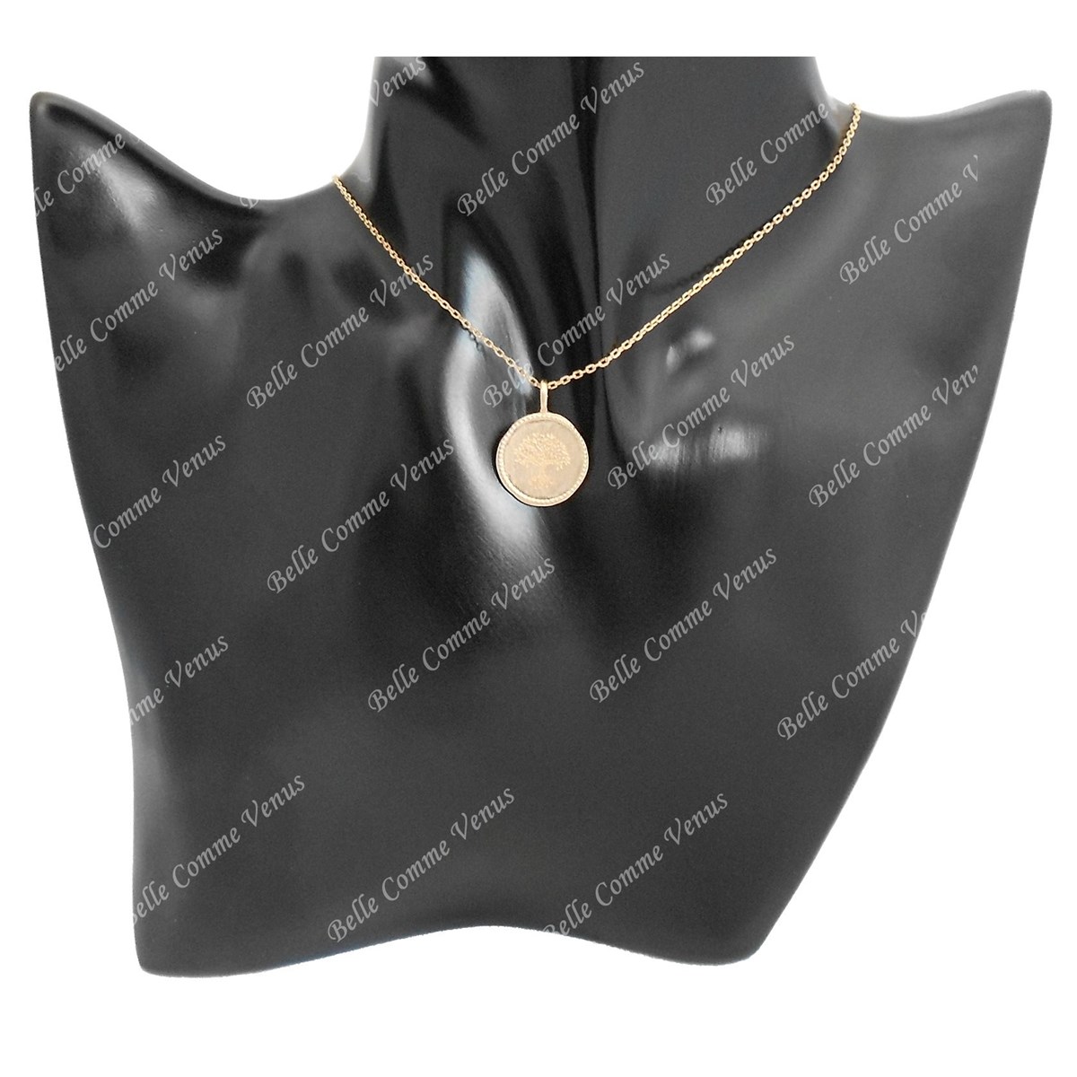Collier pendentif arbre de vie médaille ronde Plaqué OR 750 3 microns