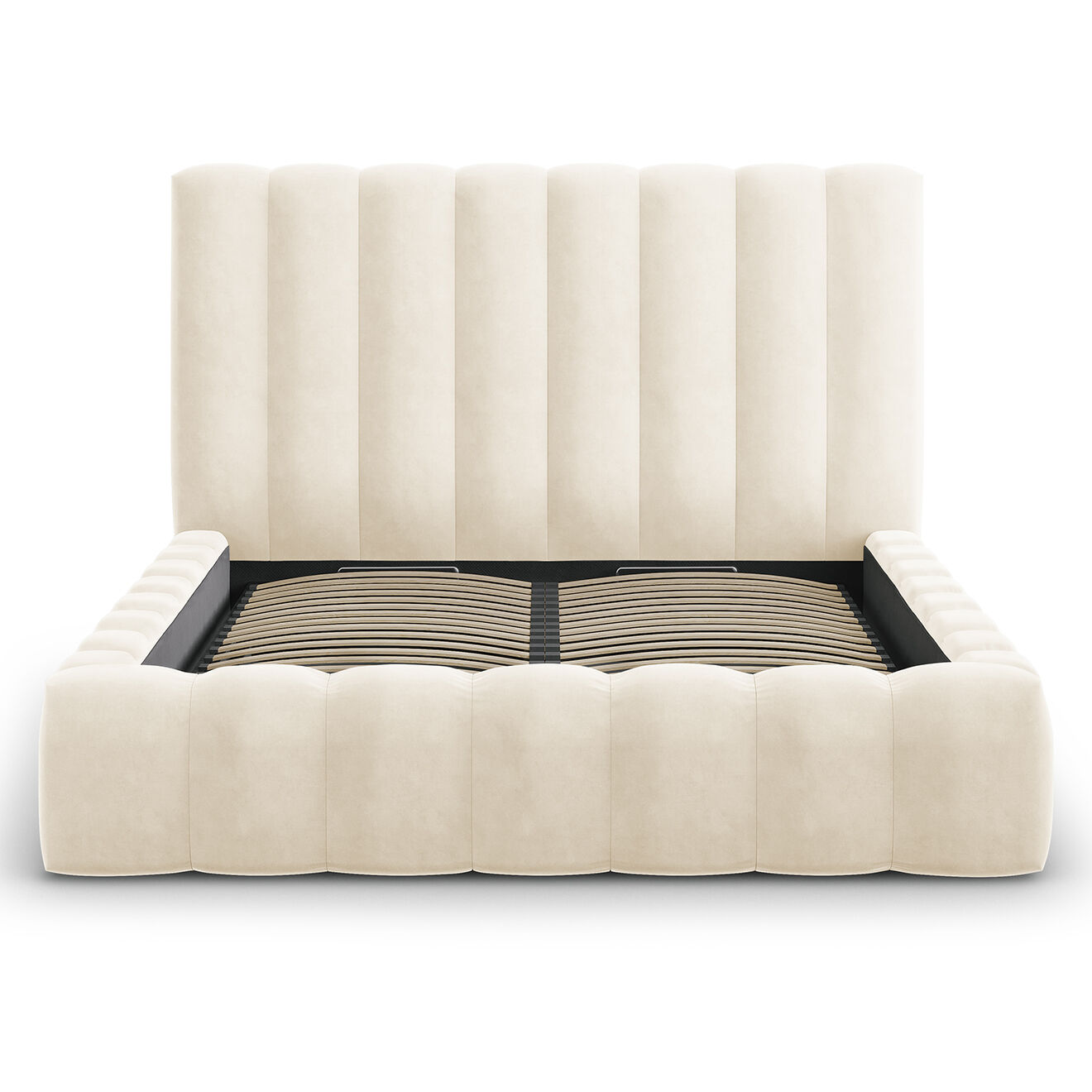 Milo Casa Lit Coffre en Velours avec Tête de Lit Gina beige clair - 200x200 cm