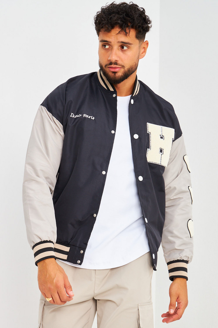 Bomber noir à manches grises brodé 