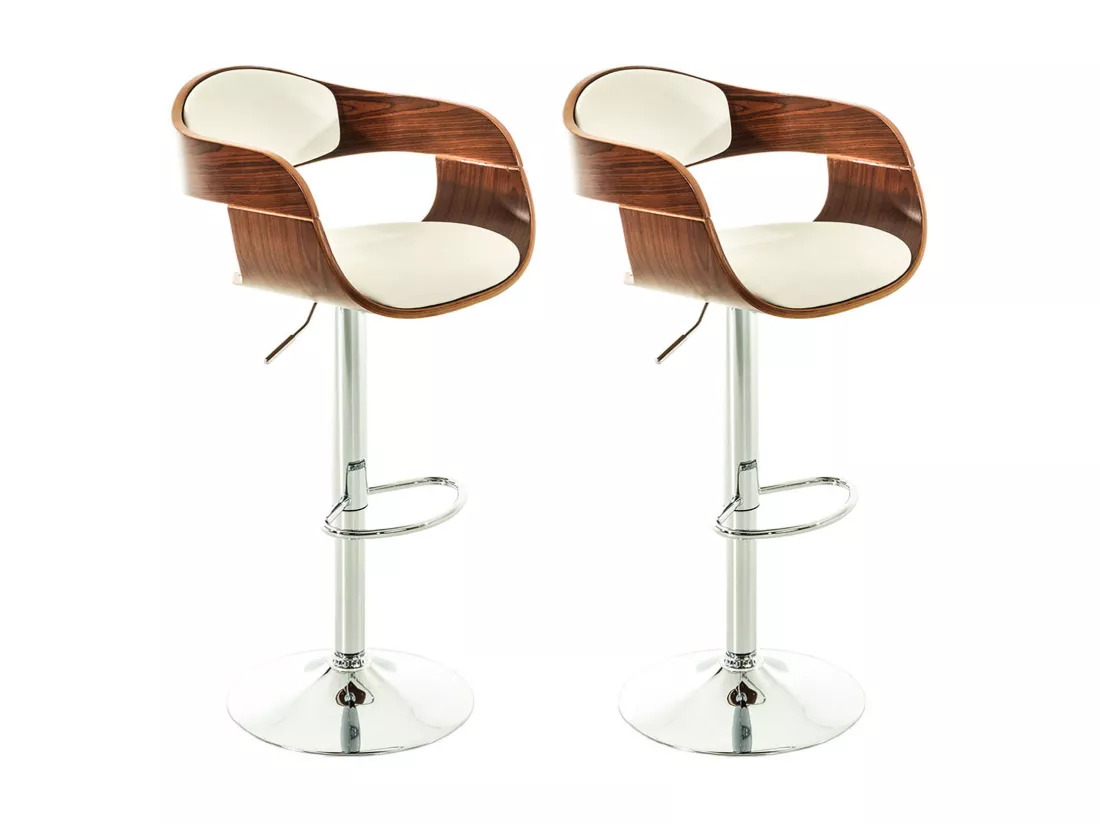Lot de 2 Tabourets de bar - Similicuir & Métal chromé - Noyer / Blanc - Kingston