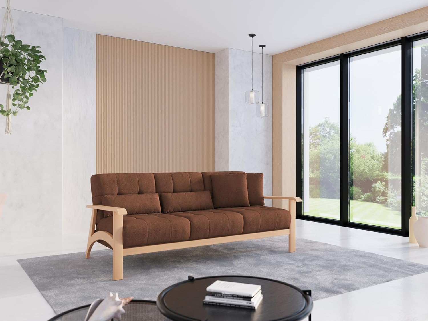 Cavadore 3er-Sofa Billan / 3-Sitzer Schlafsofa im skandinavischen Design mit Bett und massivem Holzgestell in Buche / 199 x 88 x 106 / Mehrfarbiger Strukturstoff, Rot-Braun