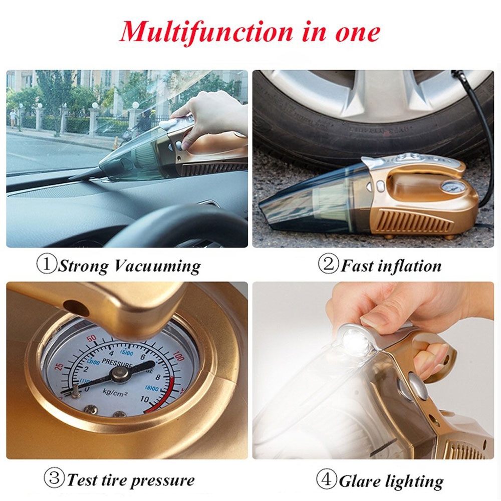(96 Watt) 4in1 LED Hand Staubsauger Nass und Trocken Kompressor Luftpumpe mit Reinigungsaufsätzen für Auto / Haushalt - Gold