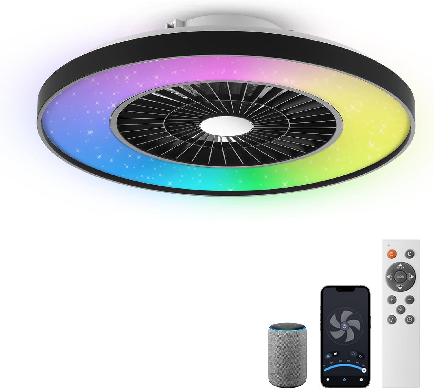 moderne RGB-LED-Deckenleuchte mit Ventilator Ø 60cm, RGB Deckenventilator mit Lampe, Stufenlos Lüftungsgeschwindigkeiten, mühelose Lichtdimmung, 3000-5500 K, Schwarz, 60CM