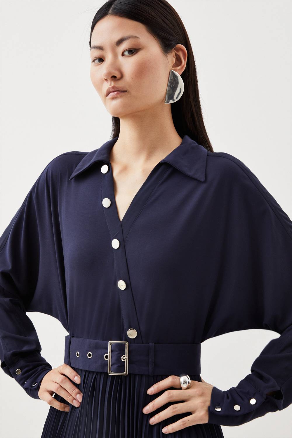 KarenMillen Robe Midi Plissée Ceinturée En Mélange Jersey Et Georgette Petite