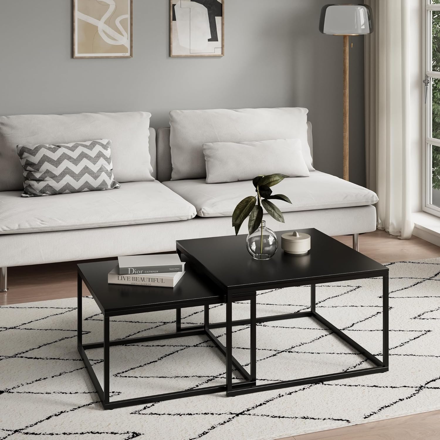 Home Collective Couchtisch 2er Set quadratisch weiß aus Holz Wohnzimmertisch Modern Beistelltisch Set 2 in 1 mit Metallgestell für Wohnzimmer Büro Beistelltisch Loft Design Twin Kratzfeste Oberfläche