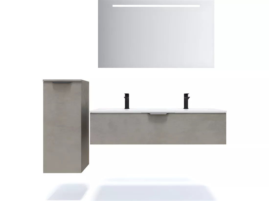 Meuble de salle de bain suspendu double vasque intégrée 120cm 1 tiroir façon Béton - Venice
