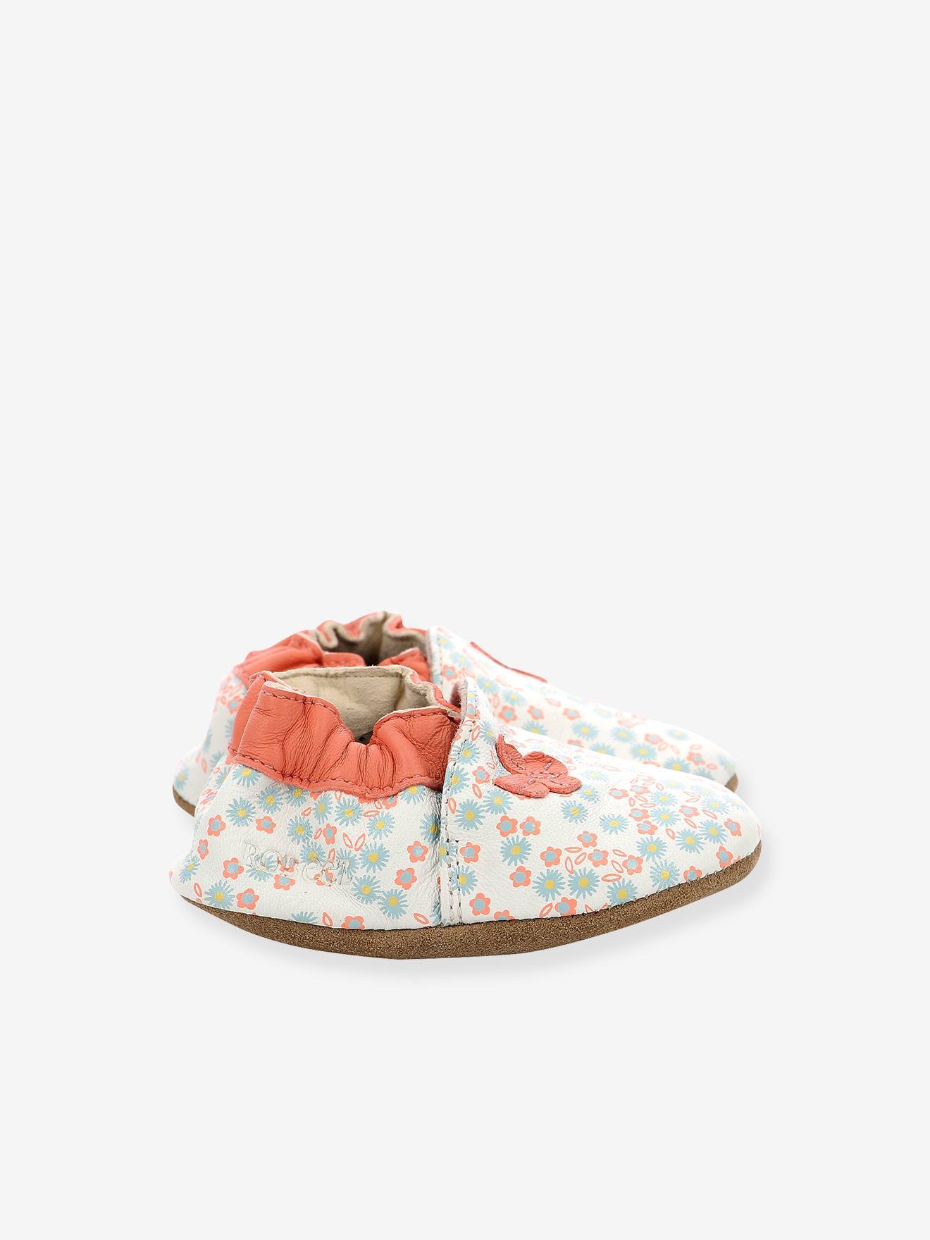 ROBEEZ© Pantufas de Bebê em Couro Flexível com Estampa de Margaridas Brancas para o Verão
