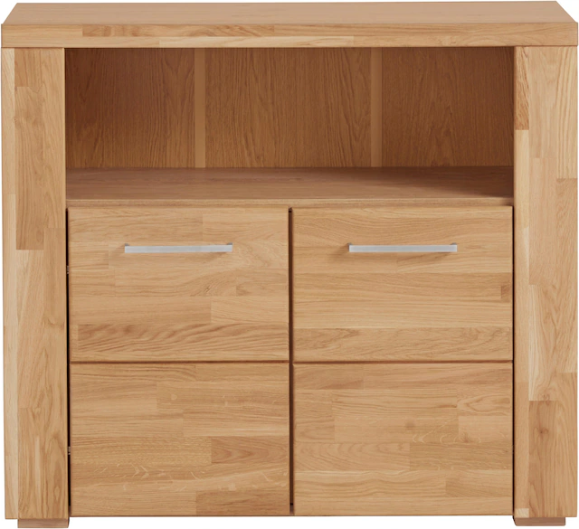 Home affaire Kommode »Celle,90cm breit,35 cm tief, Fronten Massivholz« Holz massiv, Holzwerkstoff, Metall Griffe,3 breite Fächer