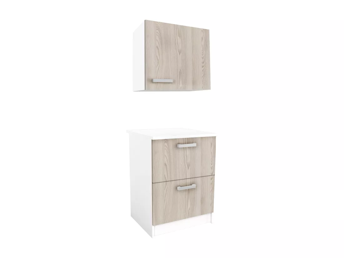 Caissons de cuisine - 1 meuble bas & 1 meuble haut - 2 tiroirs & 1 porte - Naturel clair & Blanc - TRATTORIA