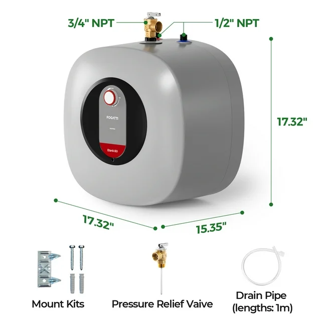 Aquecedor de água elétrico FOGATT de 8 galões (30 litros), modelo Etank 80, mini aquecedor de água de ponto de uso, 120V, ideal para apartamentos, cozinhas, banheiros, trailers e chuveiros.