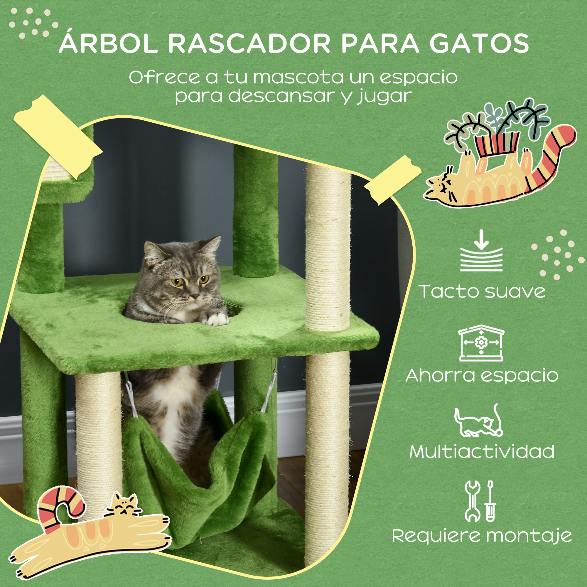 Arranhador grande para gatos PawHut de 142 cm, torre para gatos de interior com postes de sisal, plataformas, rede, folhas e bola de brinquedo, 49 x 49 x 142 cm, verde.