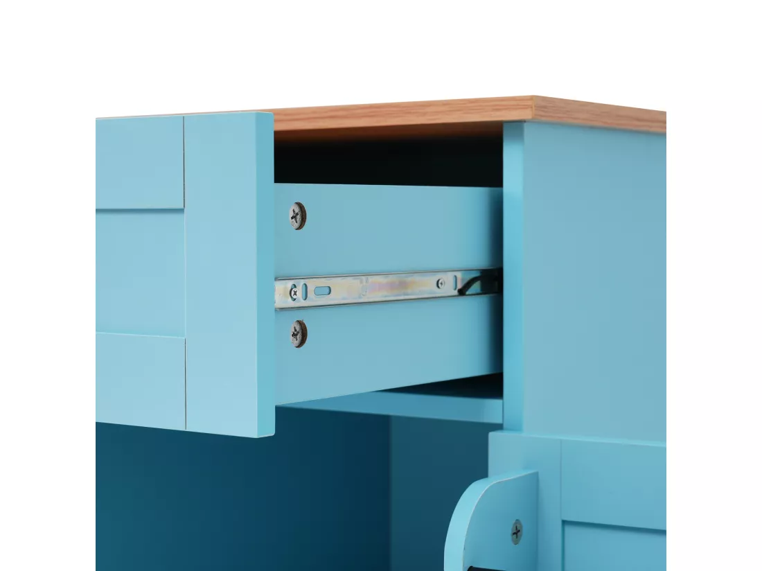 Ilot central de cuisine avec 2 tiroirs - Plateau extensible - pieds en roulettes ou en bois massif - Bleu Ciel
