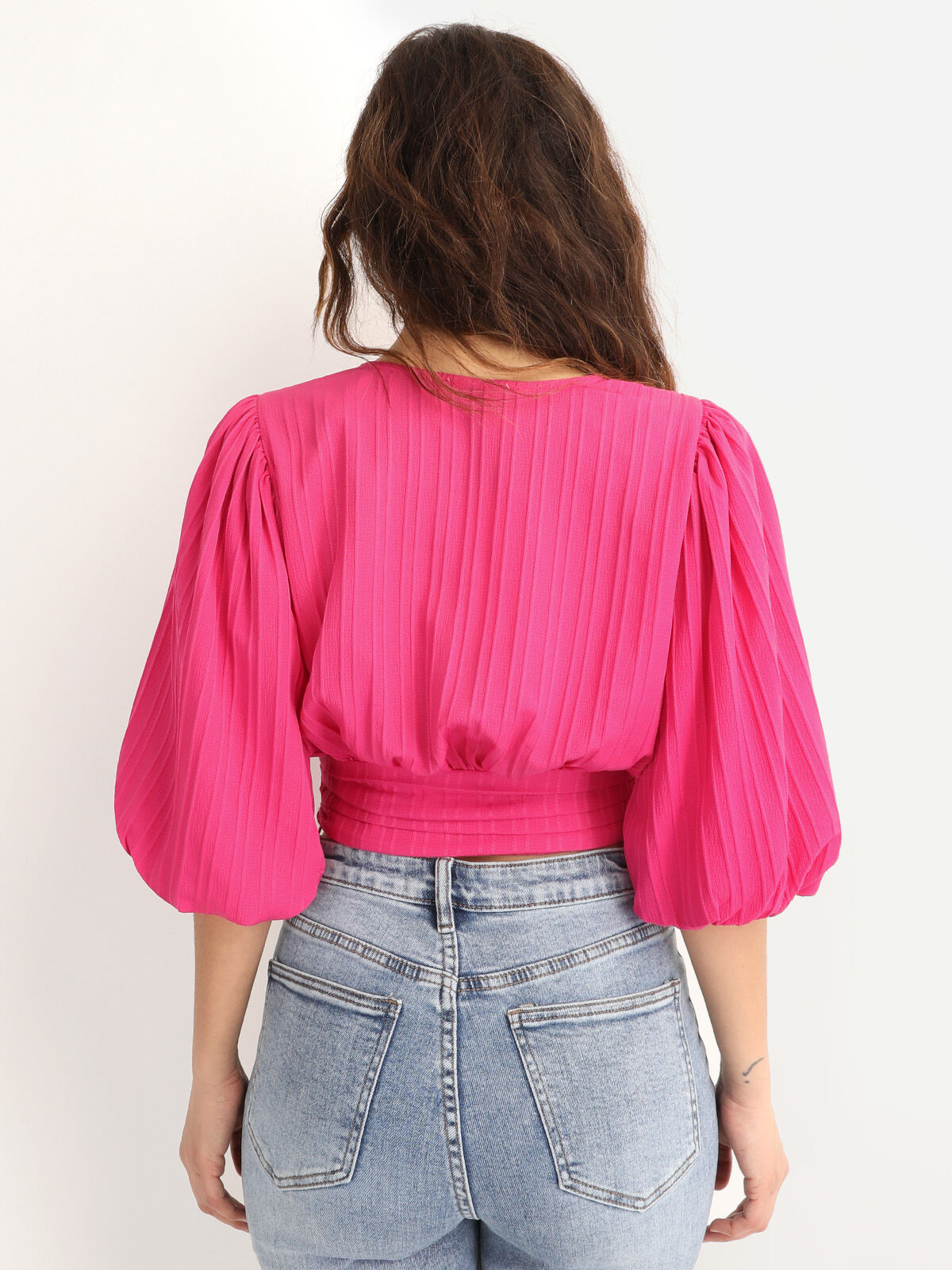 Crop Top plissé à manches ballons- Fuchsia