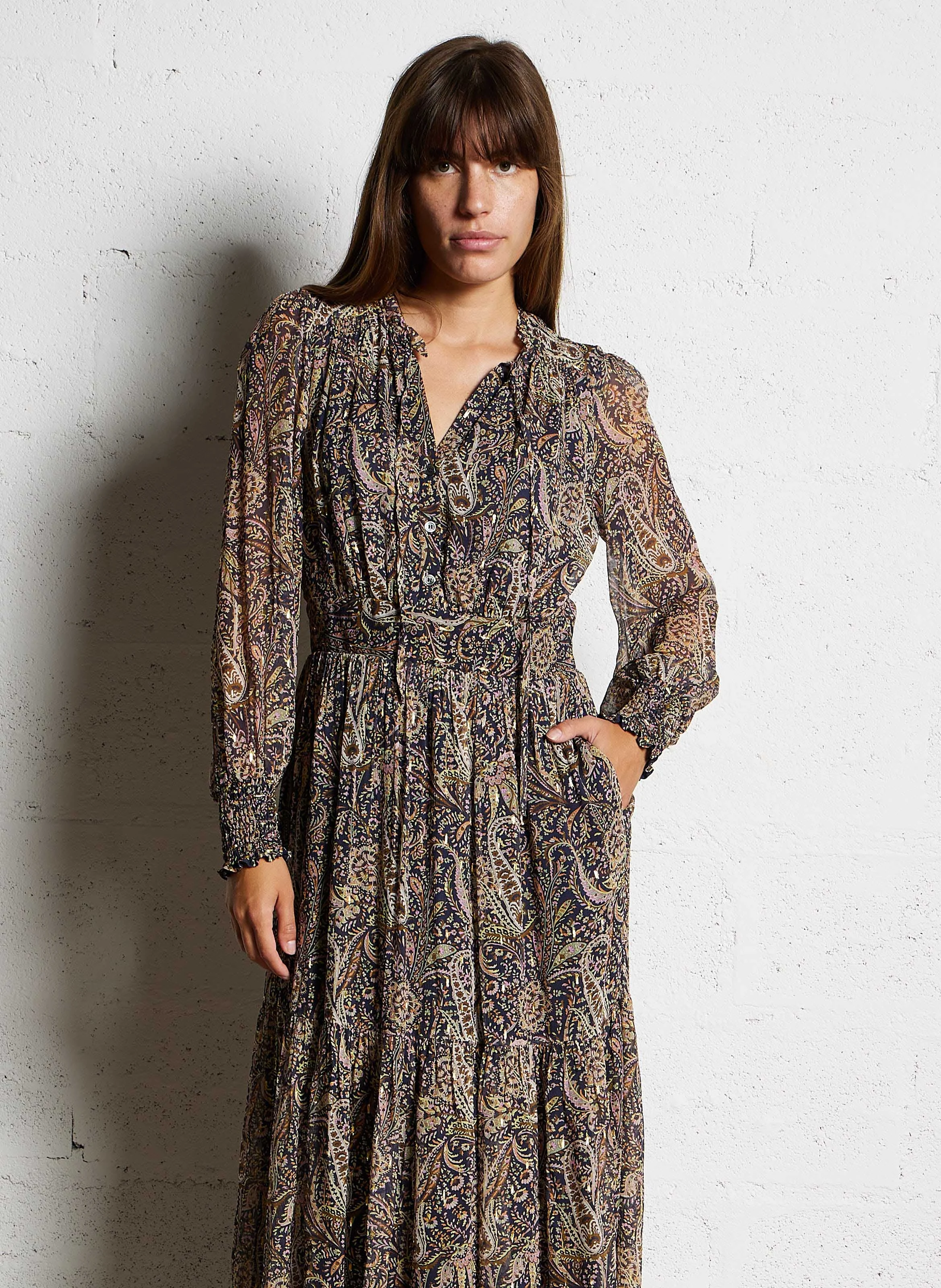 SYBILLE - Robe longue col V imprimée | Bleu