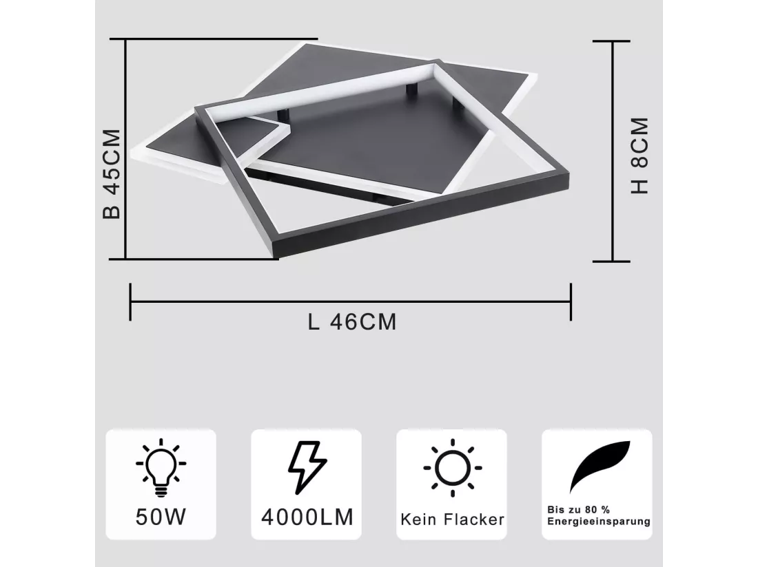 NETTLIFE Plafonnier LED Noir Intensité Variable 50 W Lampe de Salon Design Moderne avec Télécommande en Métal pour Salle à Manger Cuisine Chambre