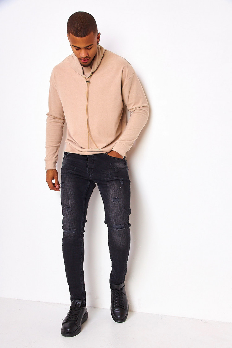 Pull en velours beige col ajustable