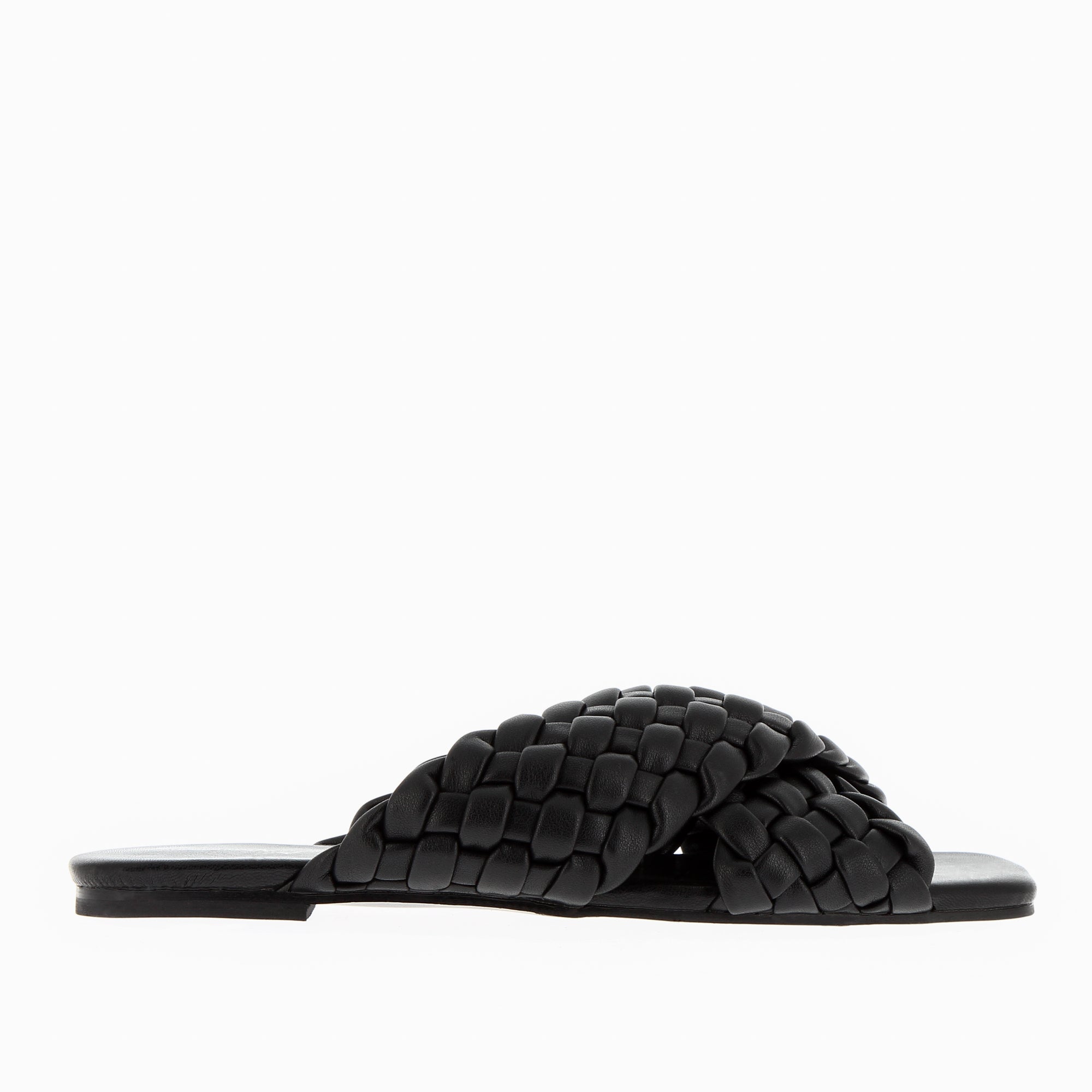 Sandales plates-Mules Lillianna noires à larges brides tressées croisées