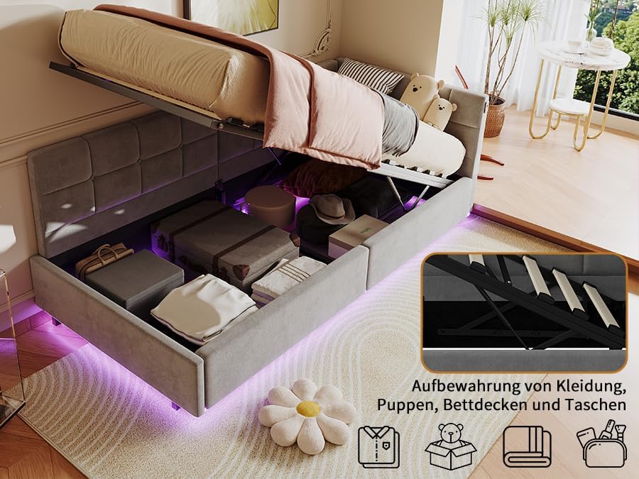 Polsterbett Schlafsofa 90 x 200 cm mit LED und USB, Jugendbett Multifunktionsbett mit Hydraulischer Stauraum und Bettkasten, Schlafsofa Einzelbett Sofa-Bett mit Lattenrost, Daybett Tagesbett (Grau)