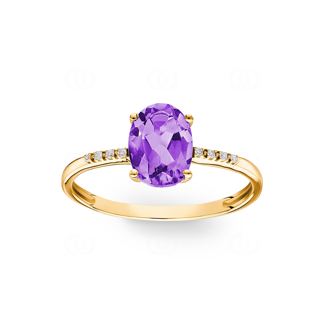 Damenring 750/18 K Gelbgold mit Amethyst oval und Diamanten 0.02 ct H/si