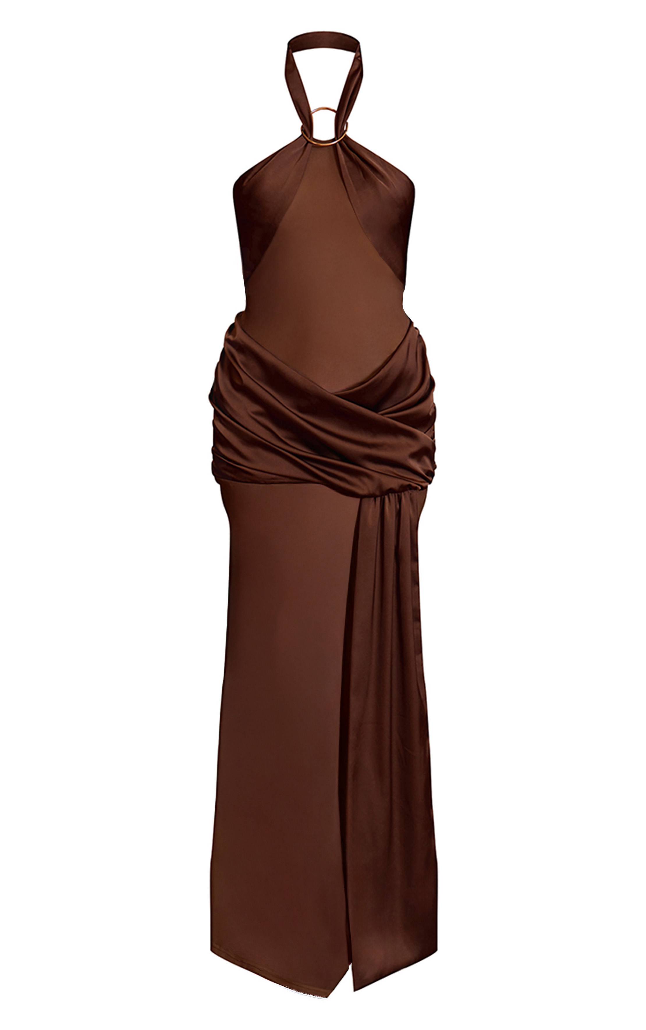 Light Brown Robe Longue En Maille Transparente Avec Empiècements Satinés