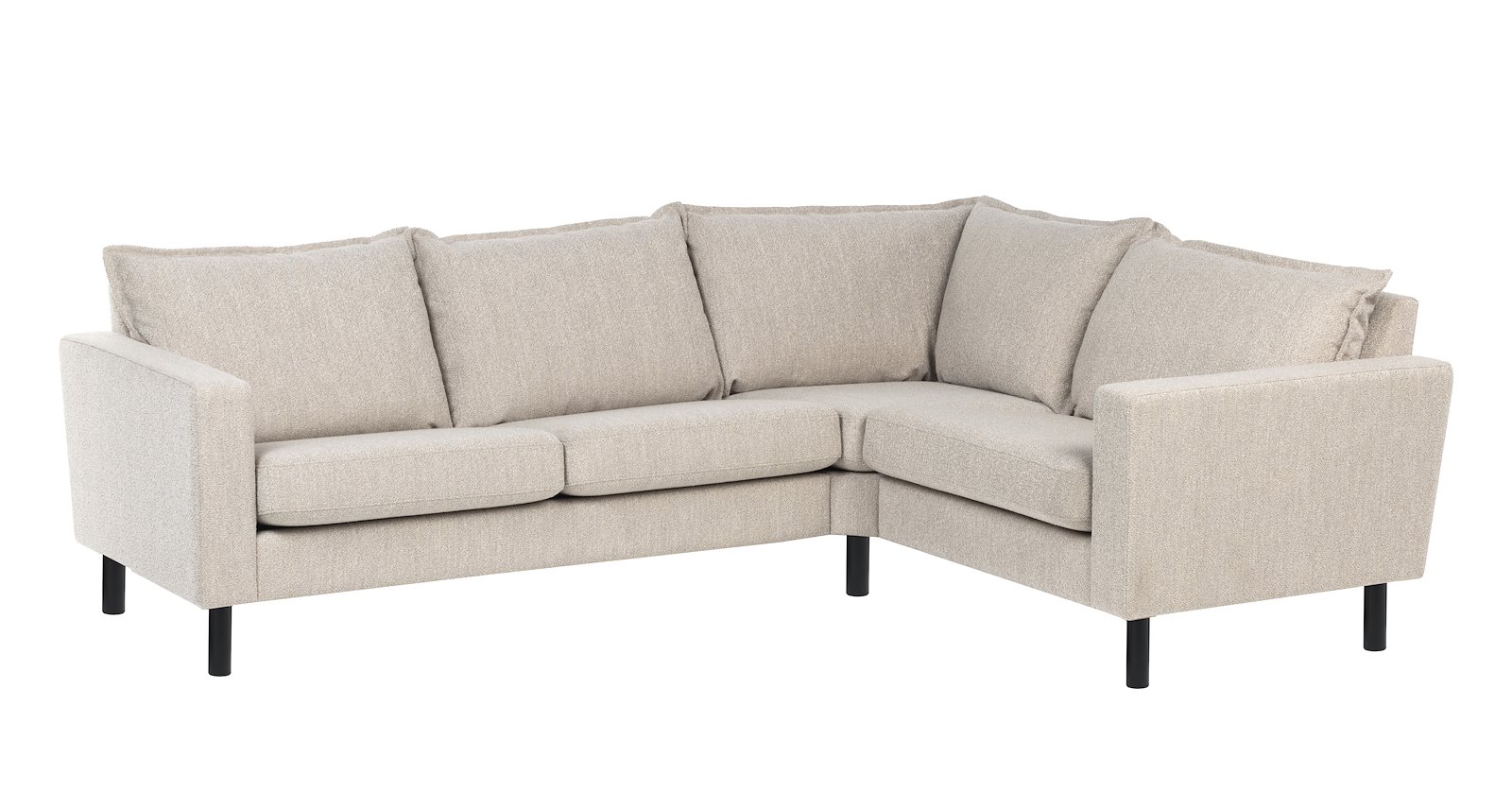 Slogen hjørnesofa 2-seter hjørne 1,5-seter. Tekstil Dragon Sand med soft ryggpute. Vange B og sortlakkerte metallben.
