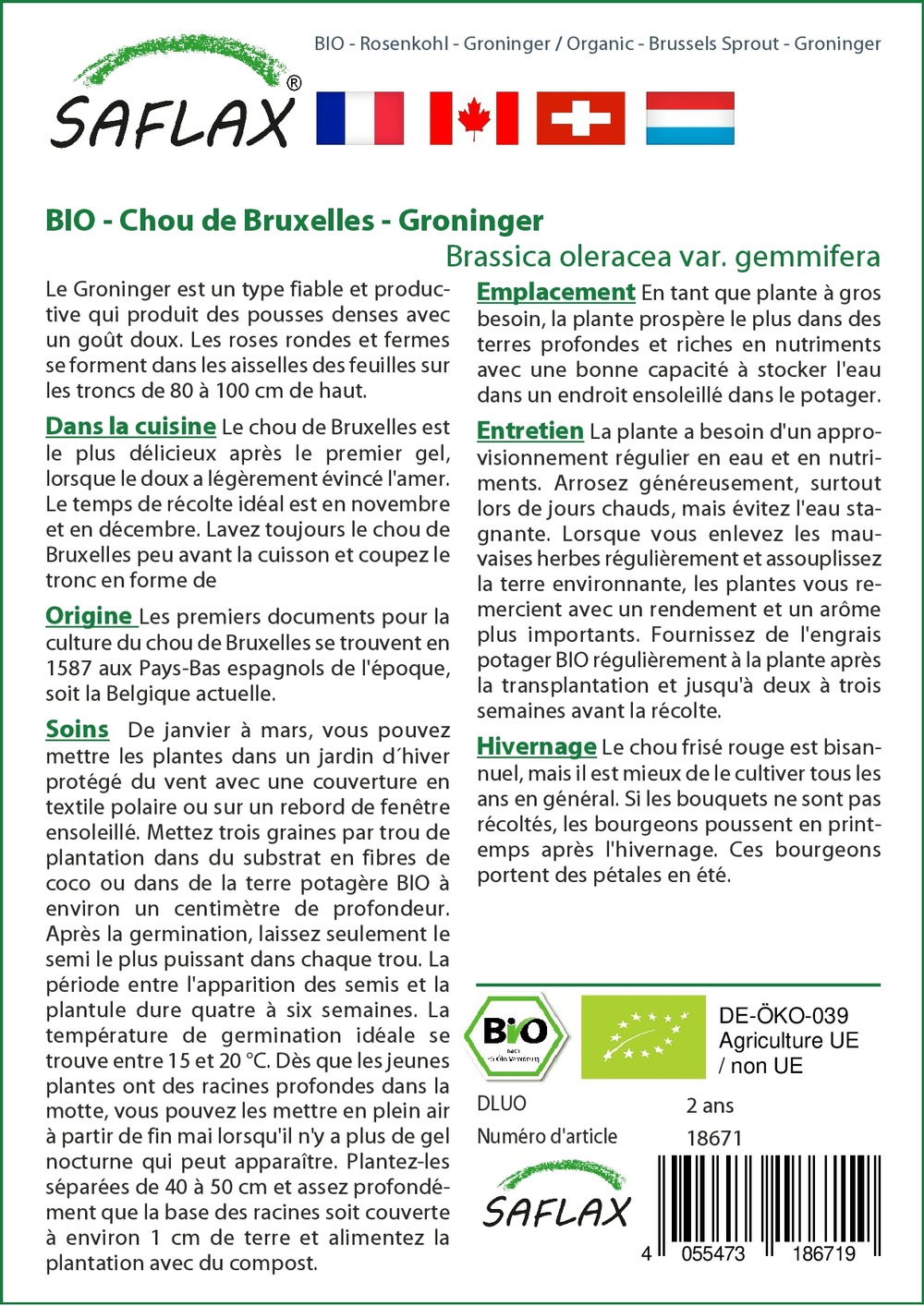 Jardin dans le sac - bio - chou de bruxelles - groninger - 30 graines - brassica oleracea var. Gemmifera