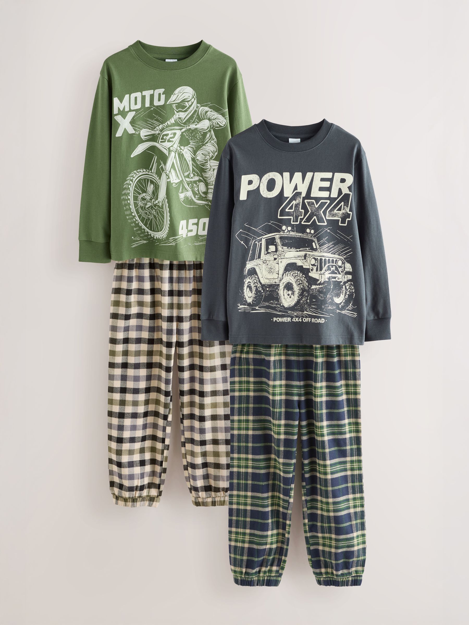 Blauw/groen voertuig - Set van 2 geweven geruite pyjama's met lange mouwen (3-16jr)