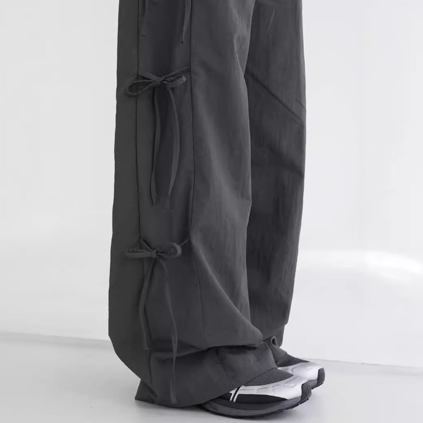 Rosesand - Hoge taille, effen, losvallende, wijde joggingbroek met strikaccent