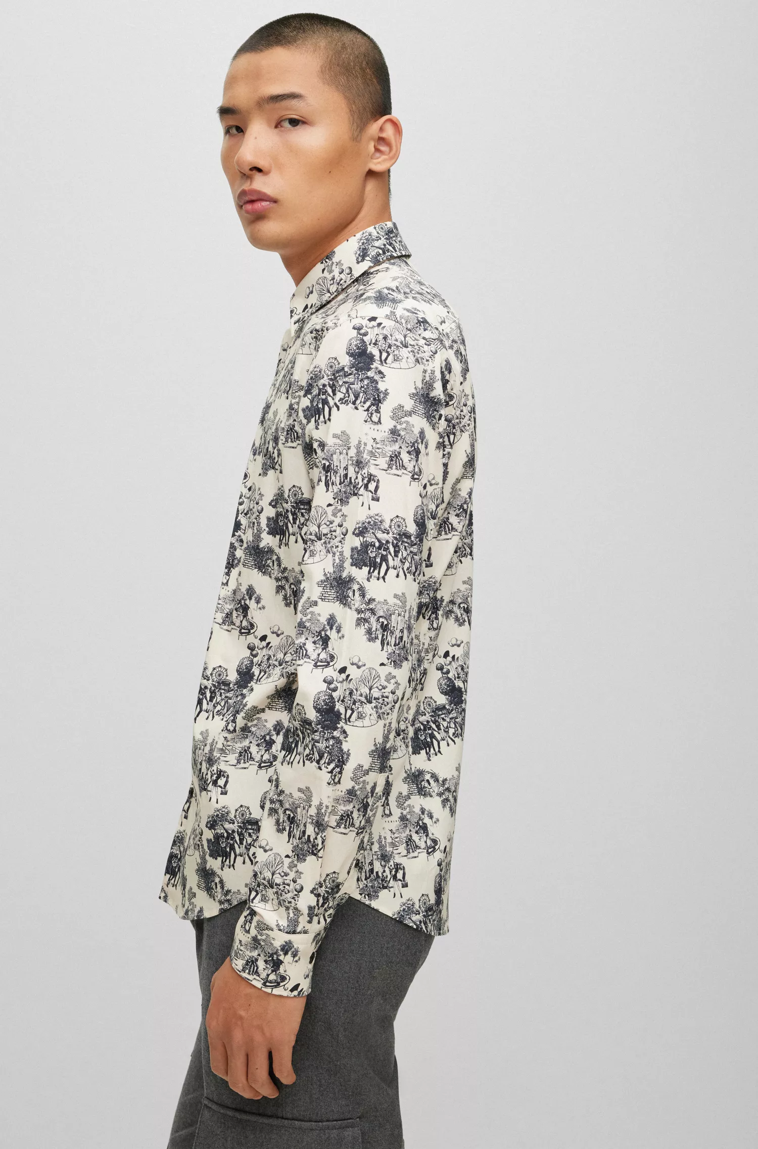 Camisa HUGO vermelha de corte slim em algodão elástico com estampa da estação.