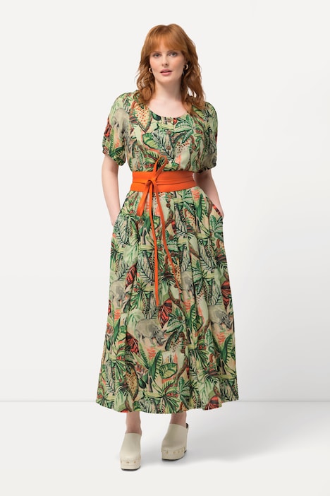 Kleid, Blätter, Leinenmix, Rundhals, Halbarm