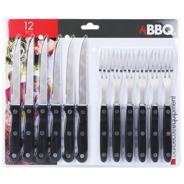 Seks kniver og gafler, perfekt til biff og pizza