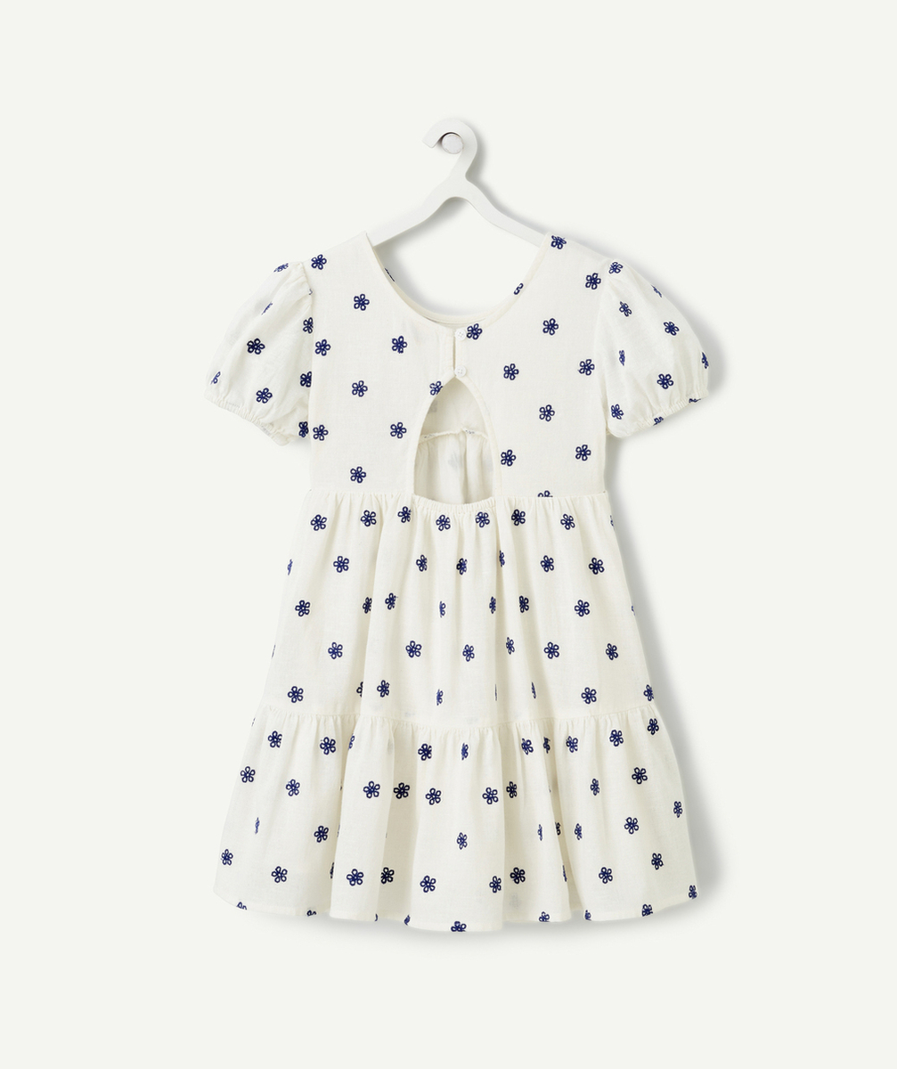 robe fille en coton écru et imprimée avec fleurs brodées bleues