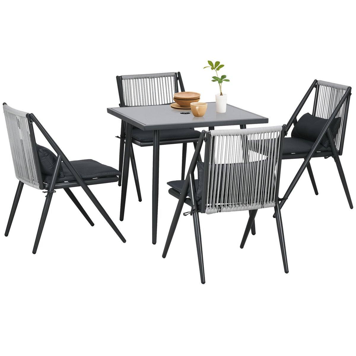 Outsunny 5-delige tuinmeubelset, tuinset met 1 tafel, 4 stoelen, met parasolgat, voor balkon, terras, 80L x 80B x 75H cm, polyester, donkergrijs