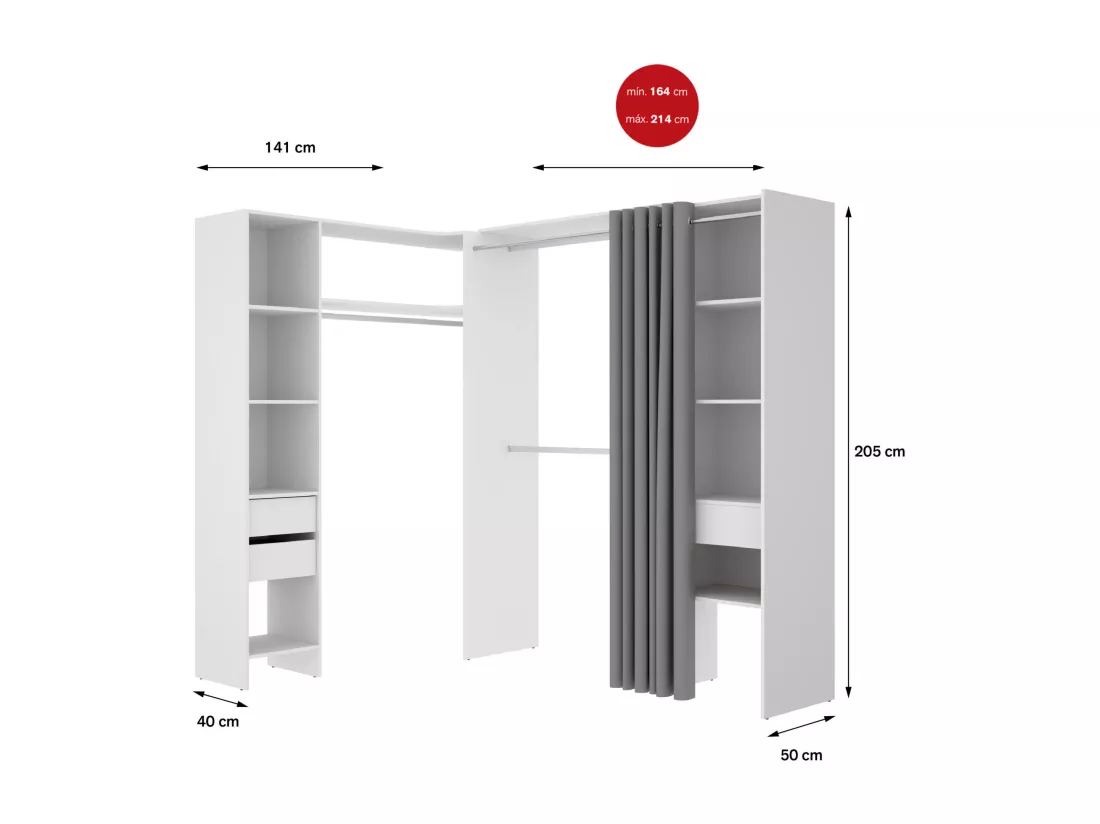 Grande Garde-robe Dtheegal, Meubles de chambre, Penderie de plain-pied, Placard à vêtements, 214x141 h205 cm, Blanc