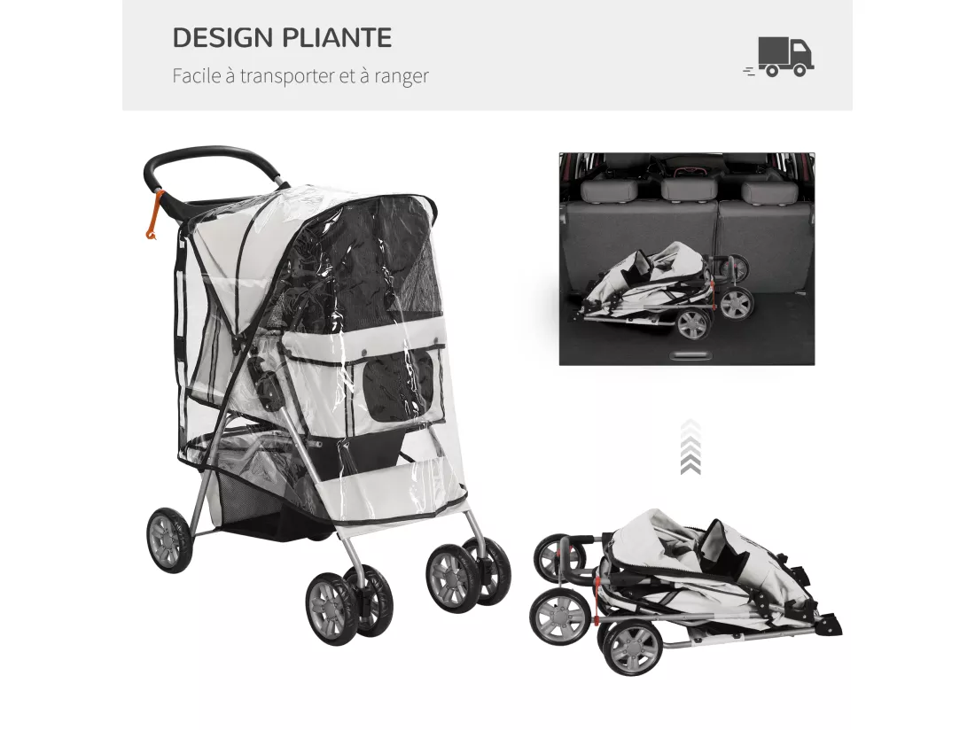 Poussette buggy pliable animaux chariot pliant chien chat porte-gobelet panier de rangement inclus roues avec frein tissu 600D Oxford métal gris