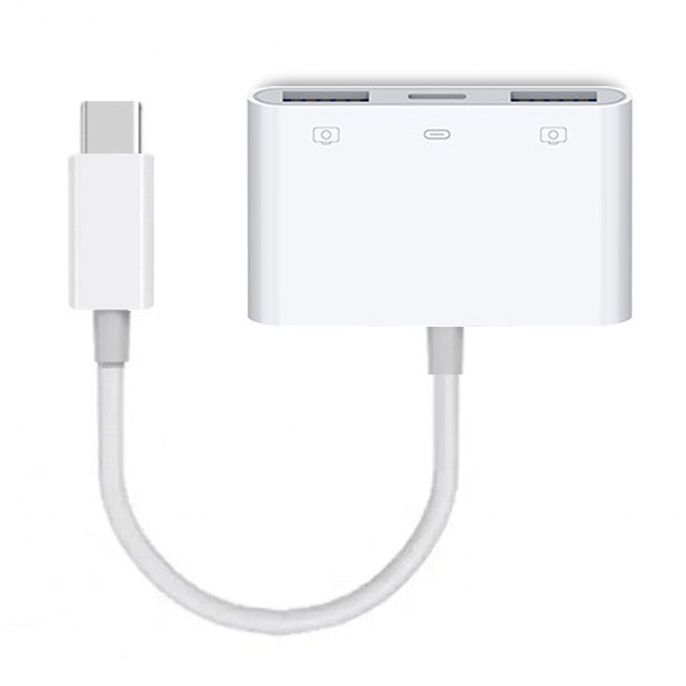 USB C auf 2x USB A (3.0) / USB C (PD/24W) Lade Adapter Konverter für Handy / MacBook Pro / Laptop - Weiss