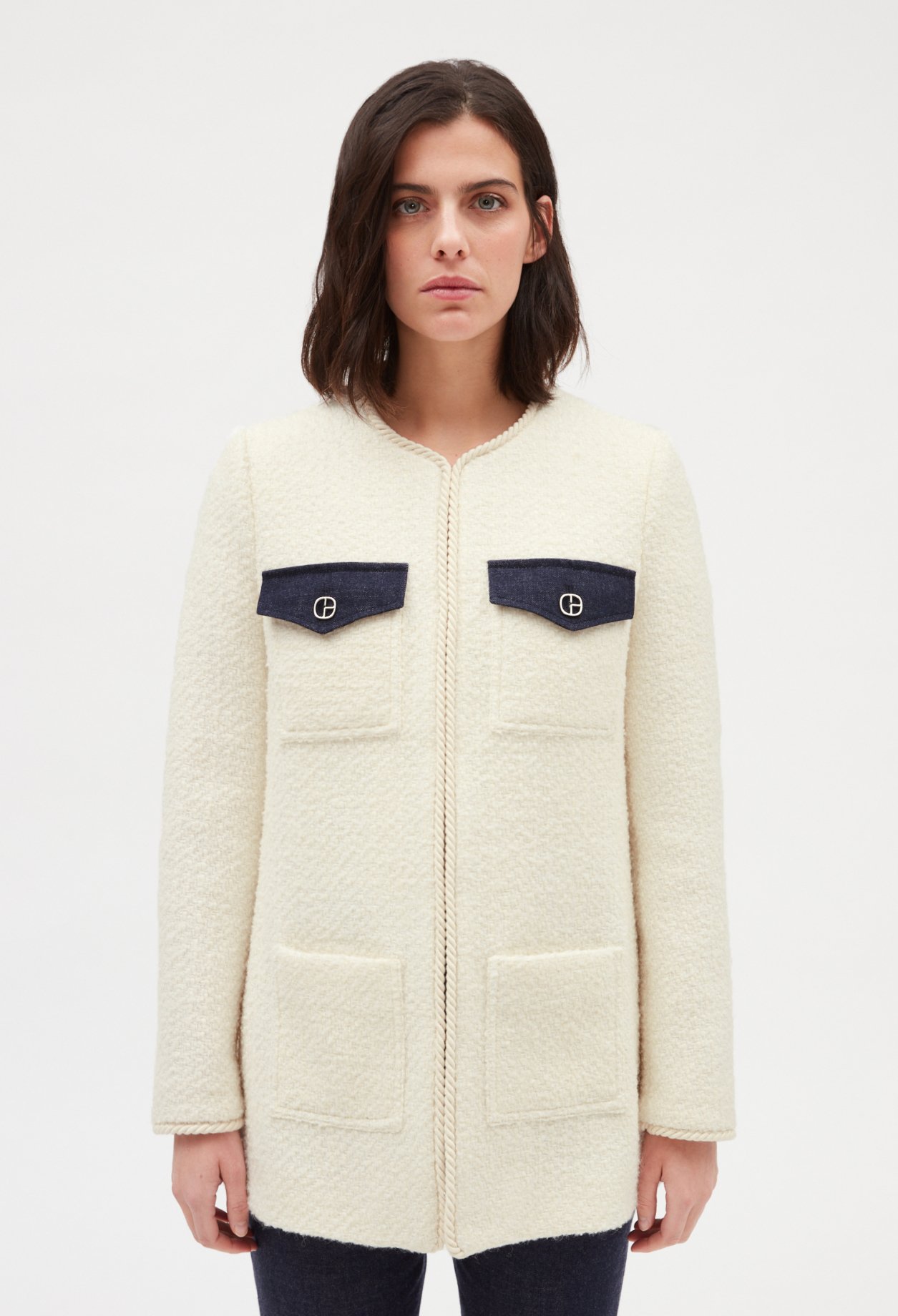 Veste tweed manches longues beige
