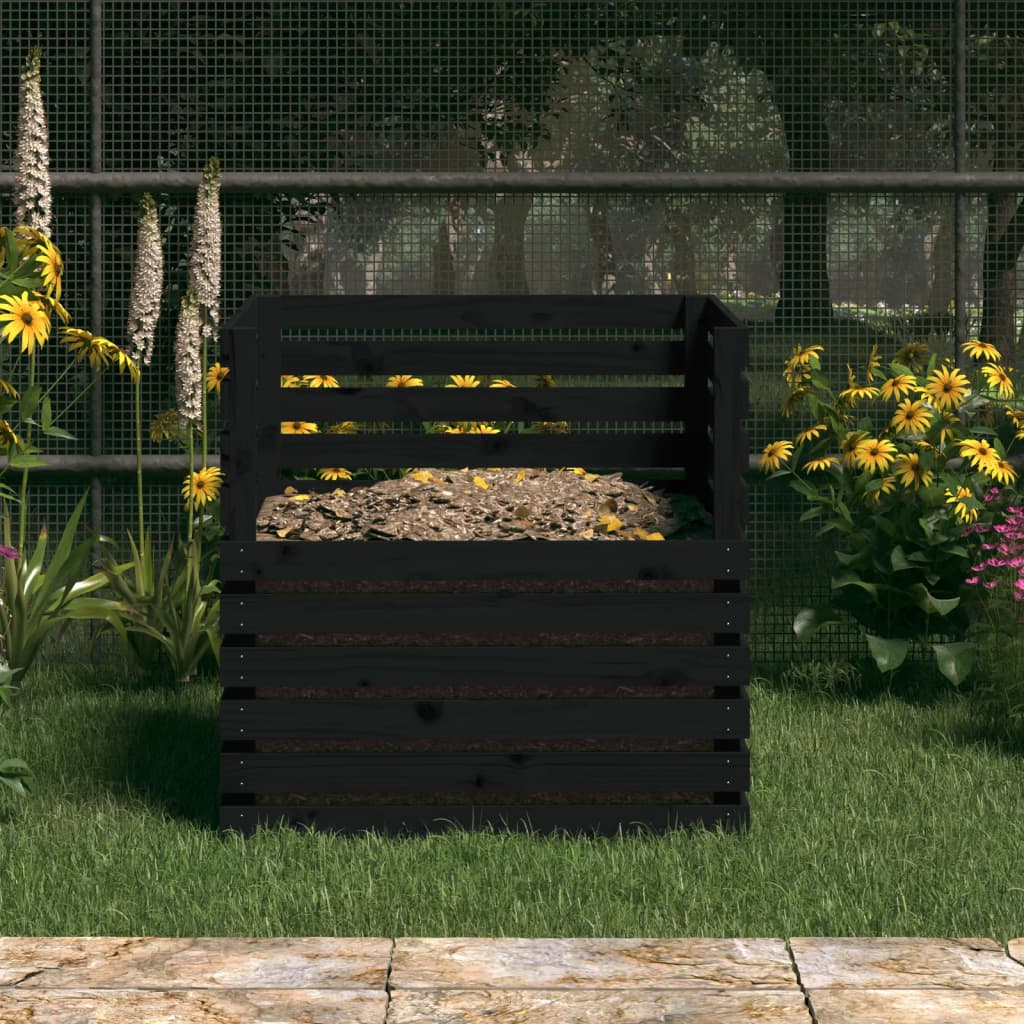 Composteur noir 80x80x78 cm bois massif de pin