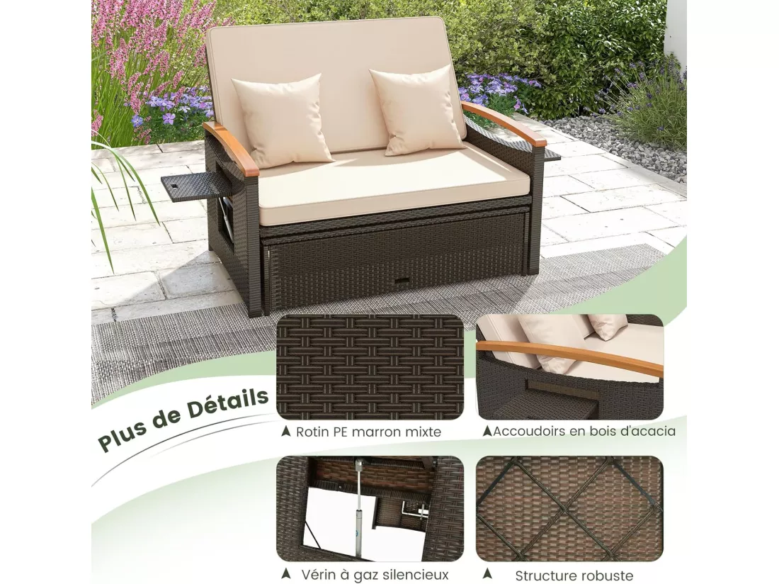 Salon de Jardin en Rotin et fibre naturelle avec Ottoman de Rangement, Bain de Soleil avec Plateau Latéral Rétractable Dossier Réglable Coussins 4 Positions, Canapé à 2 Places Charge 360KG, Beige