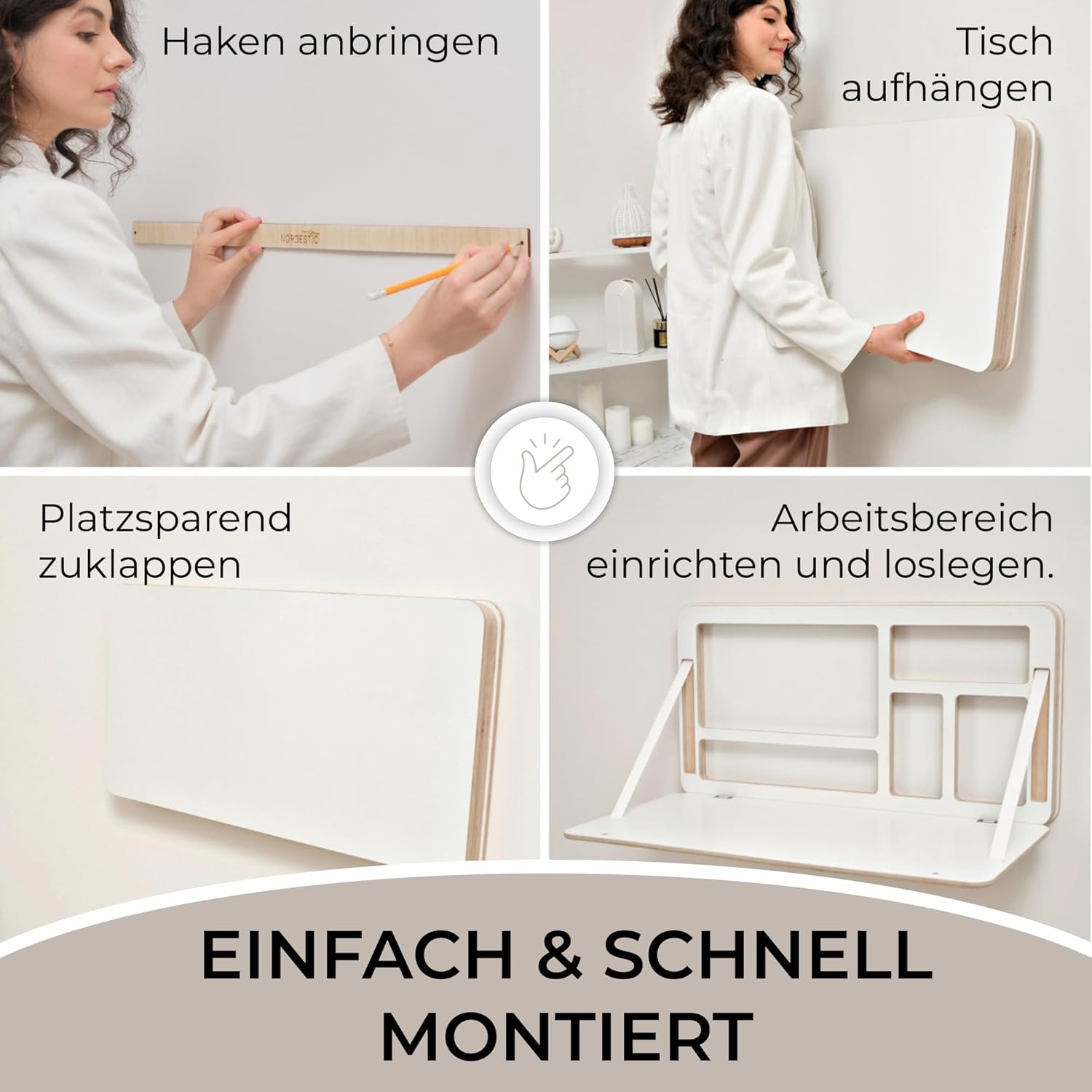 NordicDesk – Schreibtisch klappbar, Wandschreibtisch aus Holz mit Wandmontage, platzsparendes Home Office mit Laptop-Fach (Weiß)