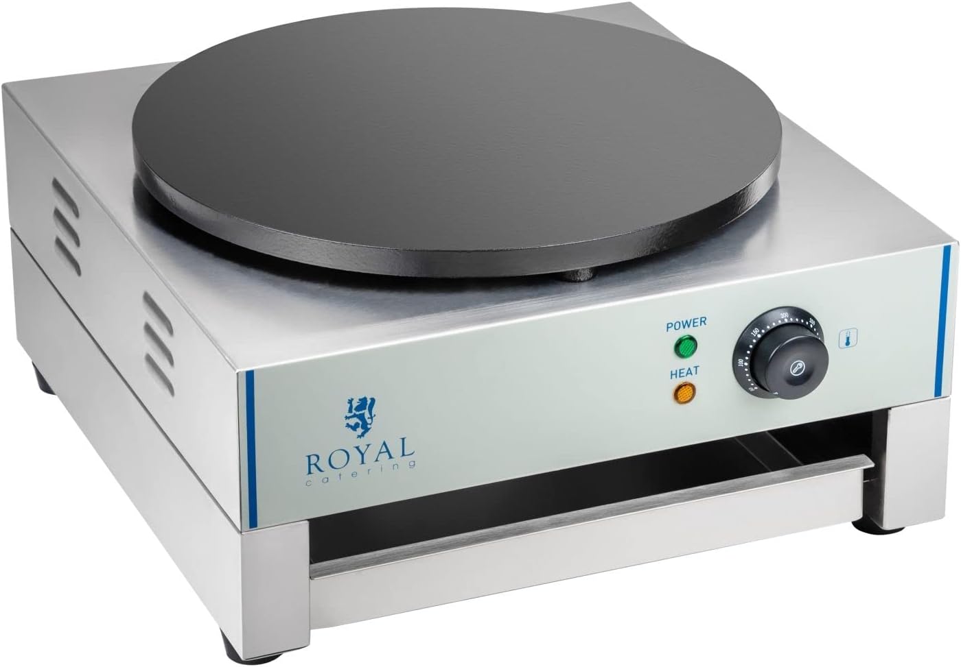 Royal Catering RCEC-3000-E Crepes Maker Crepeseisen (Ø 40 cm, 3.000 W, Gusseisen mit Emaillebeschichtung, Edelstahl, herausziehbares Fach + Teigverteiler)