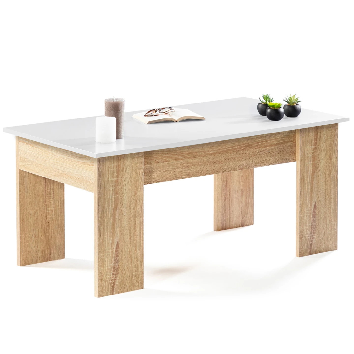 Table basse plateau relevable rectangulaire TARA bois imitation hêtre et blanc