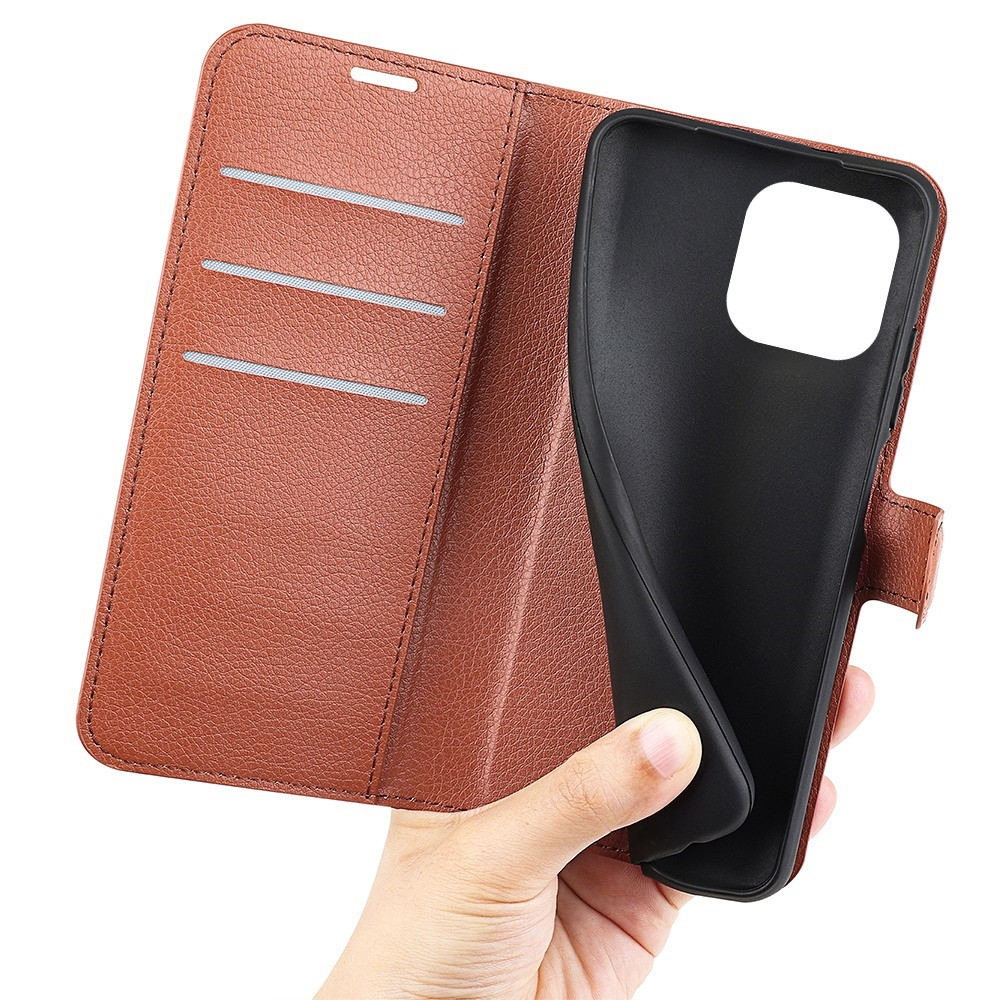 iPhone 14 Pro Leder Tasche Flip Cover Litchi Look - Braun