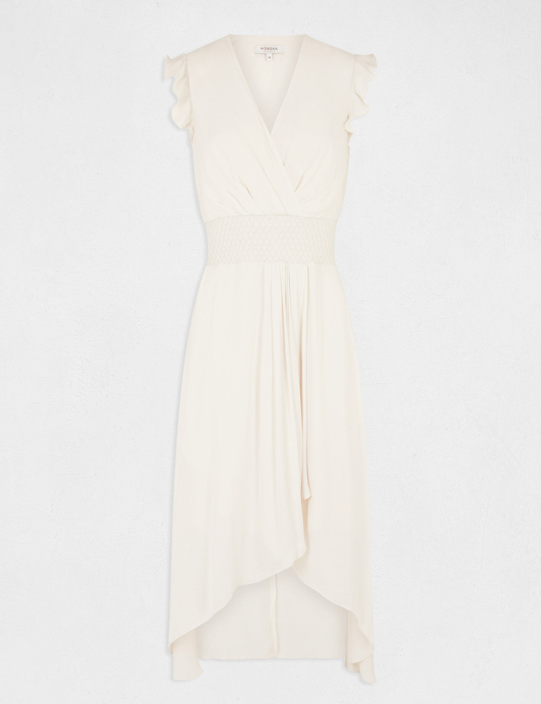 Robe midi évasée fluide drapée smockée ecru moyen femme - ecru_moyen