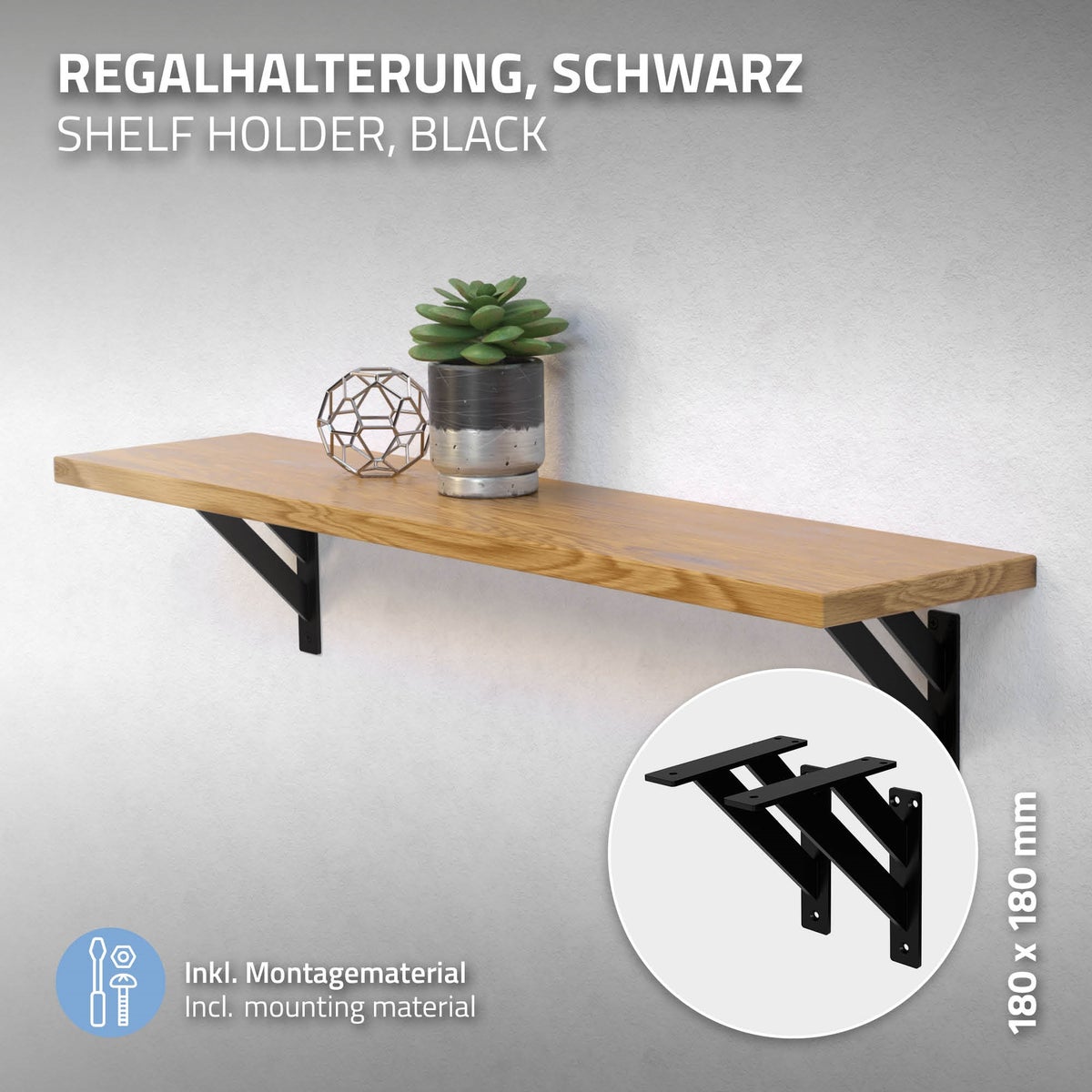 ML-Design 8-delige plankdragerset 180x180 mm, zwart, aluminium, zwevende plankdragers, plankhoekdragers, plankdragers voor wandmontage, plankdragers, plankdragers voor wandmontage, wandconsoles, plankdragers