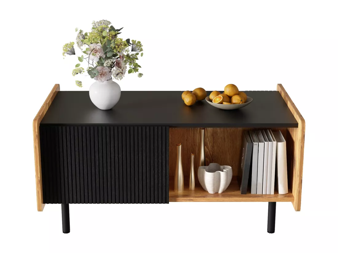 Table basse avec 2 portes et 2 compartiments ouverts - 90 x 55 x 45.5 cm - Panneaux de particules et MDF - Noir et bois