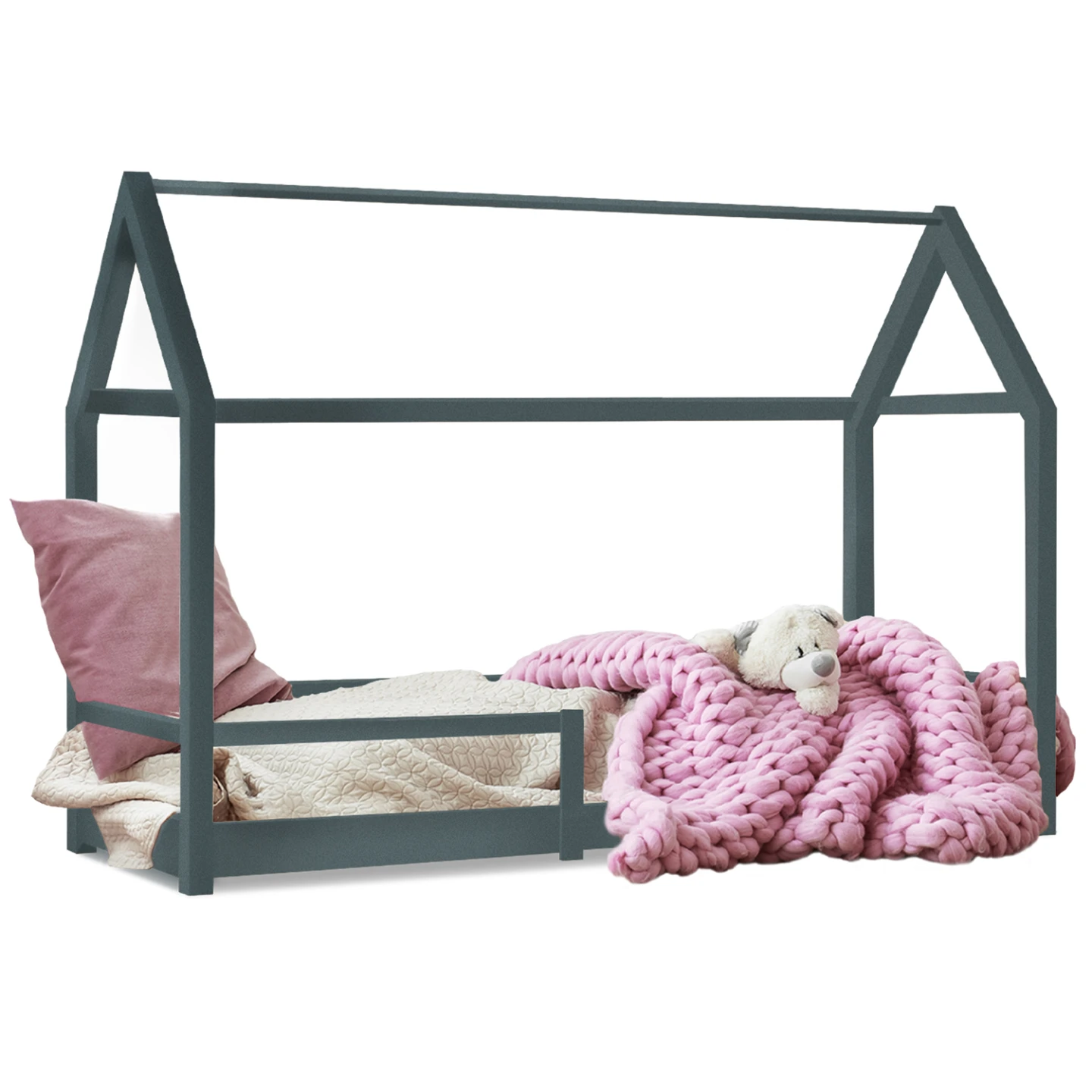 Lit cabane enfant 90 x 190 cm NESSI gris avec sommier et barrières