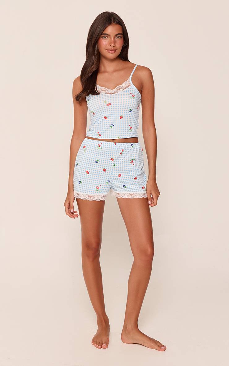 Bleu Layette Ensemble Pyjama Court À Carreaux Vichy Imprimé Baies Avec Finition Dentelle